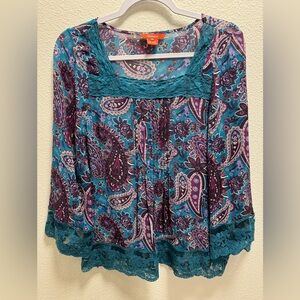 Sundance Reina Silk Paisley Floral Blouse Sheer Top Tunic Lace Trim Medium